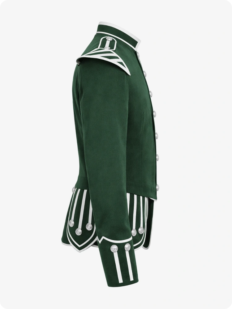 Green military-style jacket with white accents on a white background