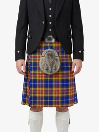 Person wearing a Scottish kilt with a tartan pattern on a white background