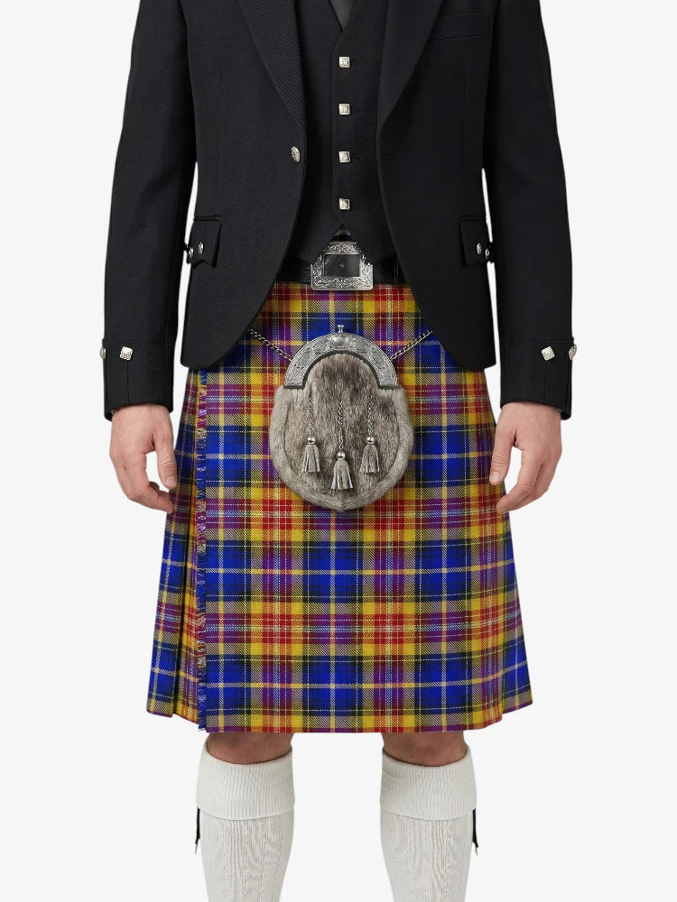 Person wearing a Scottish kilt with a tartan pattern on a white background