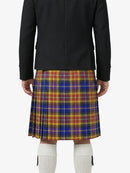 Person wearing a black jacket and colorful plaid kilt on a white background