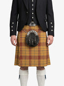 Person wearing a traditional Scottish kilt with a sporran on a white background