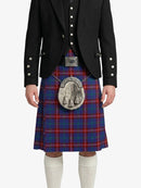 Person wearing a traditional Scottish kilt with a tartan pattern on a white background