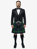 Man wearing a traditional Scottish gordon tartan kilt with a white shirt, black prince charlie jacket, and bow tie on a white background.