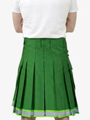 Green pleated skirt worn by a person on a white background