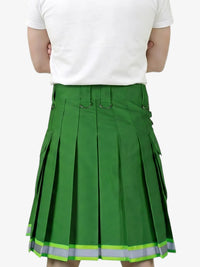 Green pleated skirt worn by a person on a white background