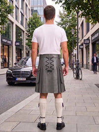 A man standing on a city sidewalk, viewed from behind, wearing a white t-shirt, a gray leather kilt with lace-up back detailing, white knee-high socks, and black shoes.