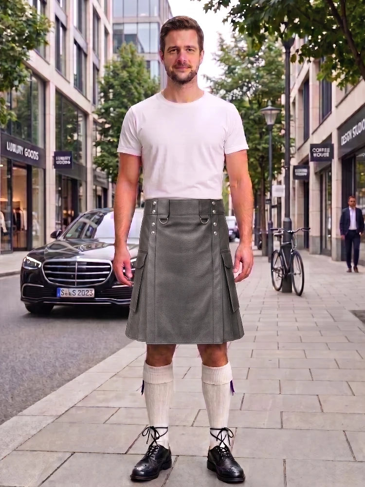 Grey Leather Kilt For Men Tactical Utility Kilts
