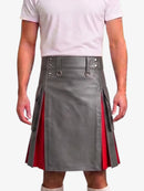 A gray faux-leather kilt with red side panels and silver metal hardware, modeled with a white t-shirt against a light gray background.