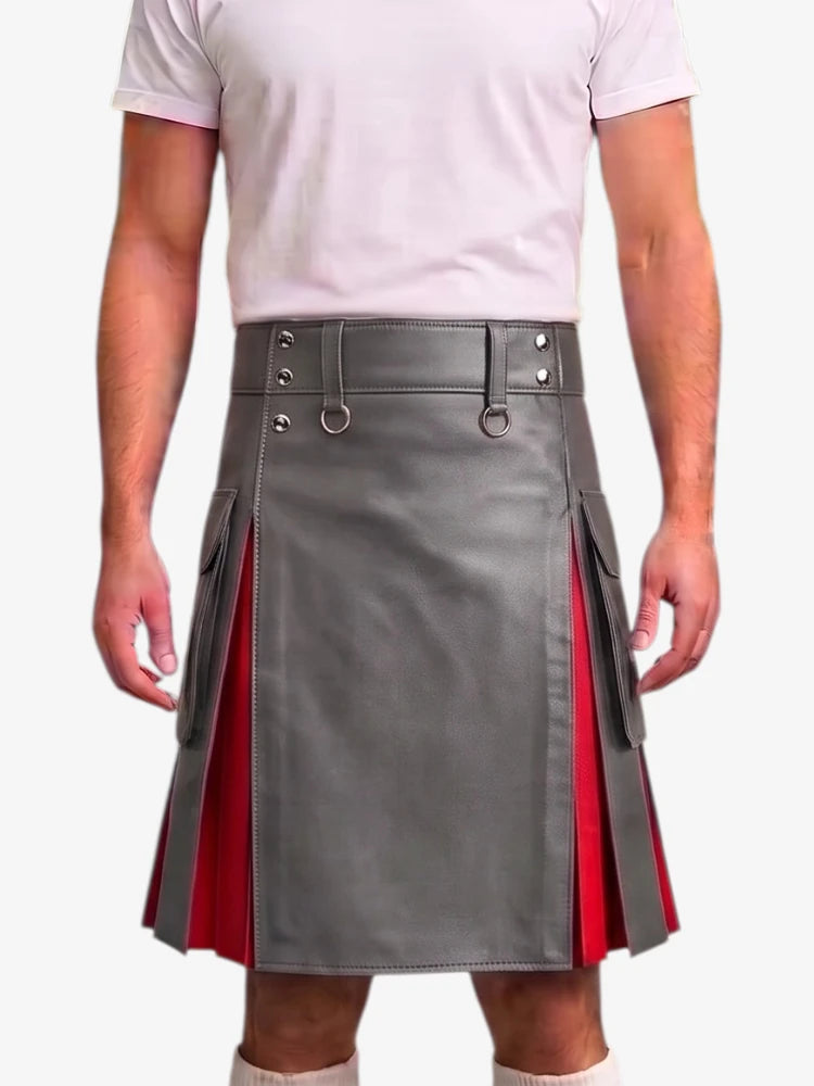 A gray faux-leather kilt with red side panels and silver metal hardware, modeled with a white t-shirt against a light gray background.