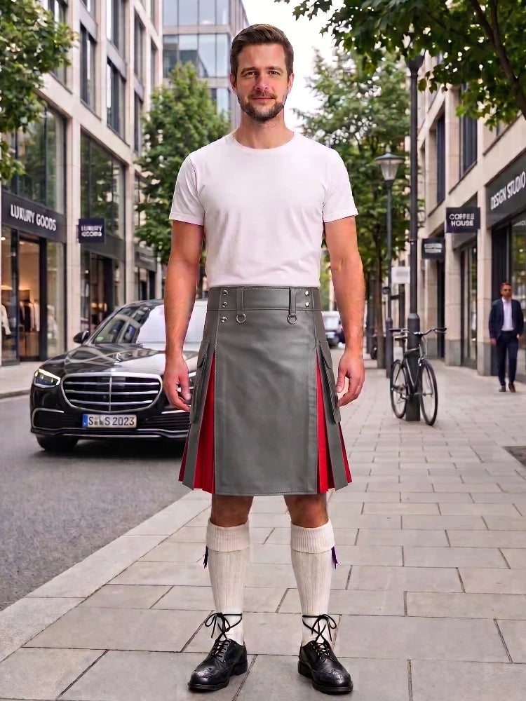 A man stands on a city sidewalk wearing a gray pleated kilt with red side panels, a white t-shirt, white knee-high socks, and black shoes. Buildings, trees, a parked black car, and a bicycle are visible in the background.