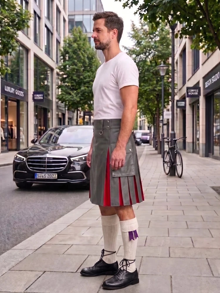 A man standing on a city sidewalk wearing a gray kilt with red pleated accents, a white t-shirt, white knee-high socks, and black shoes. A street, parked cars, and buildings are visible in the background.