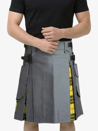 Person wearing a gray kilt with yellow tartan lining on a white background