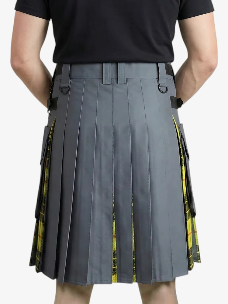 Person wearing a gray pleated kilt with yellow accents on a white background