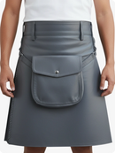 Gray leather skirt with a front pocket on a white background