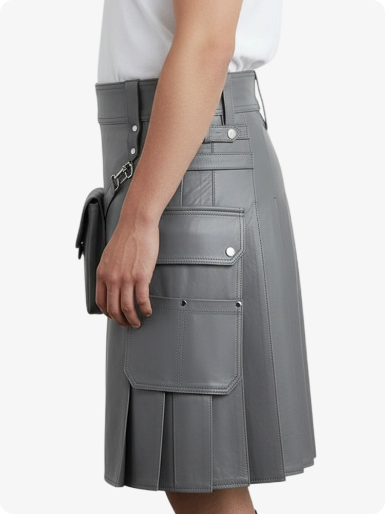 Gray pleated skirt worn by a person on a white background