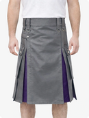 Gray and purple kilt worn by a person on a white background