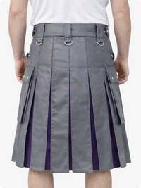 Gray kilt with purple accents worn by a person on a white background