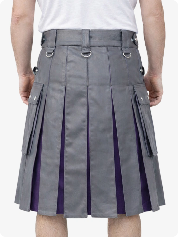 Gray kilt with purple accents worn by a person on a white background