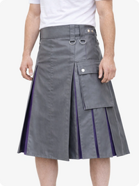 Gray kilt with purple accents worn by a person on a white background