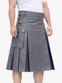 Gray kilt with purple accents worn by a person on a white background