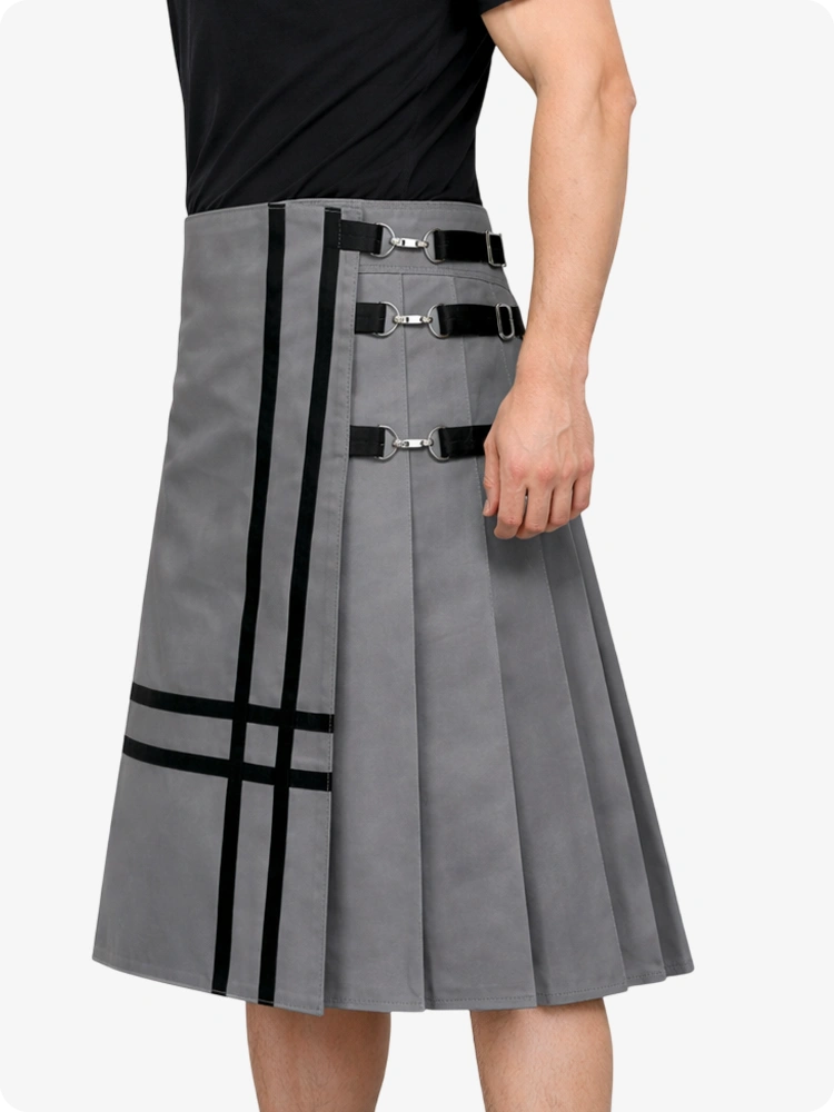Gray skirt with black cross patterns and belt on a white background