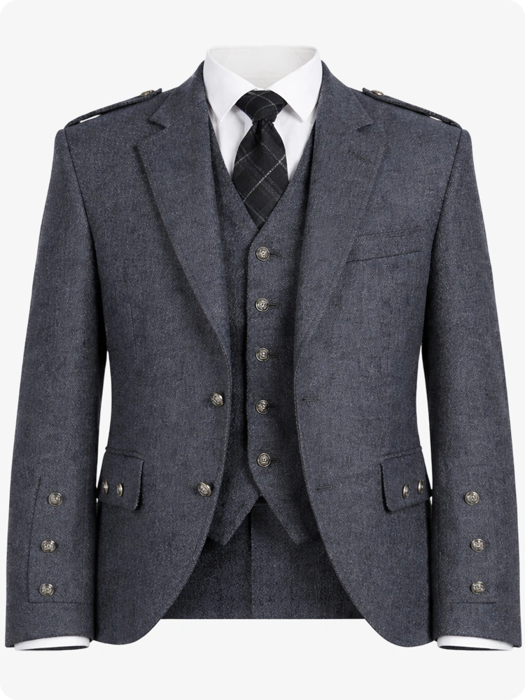Gray suit with jacket, waistcoat, and tie on a white background