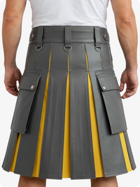 Gray and yellow pleated kilt worn by a person on a white background