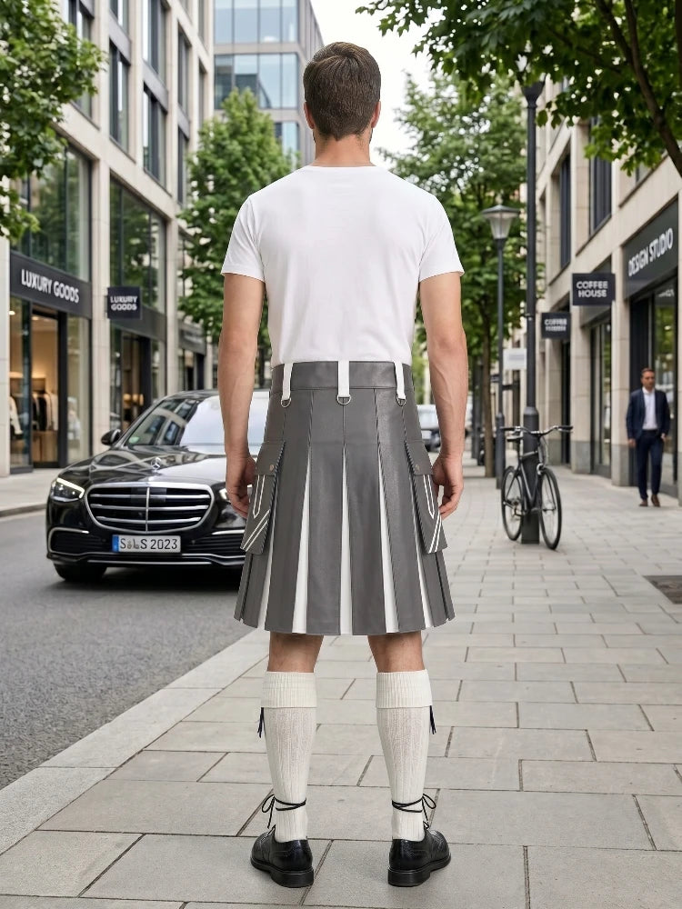 Grey and White Leather Hybrid Utility Kilt