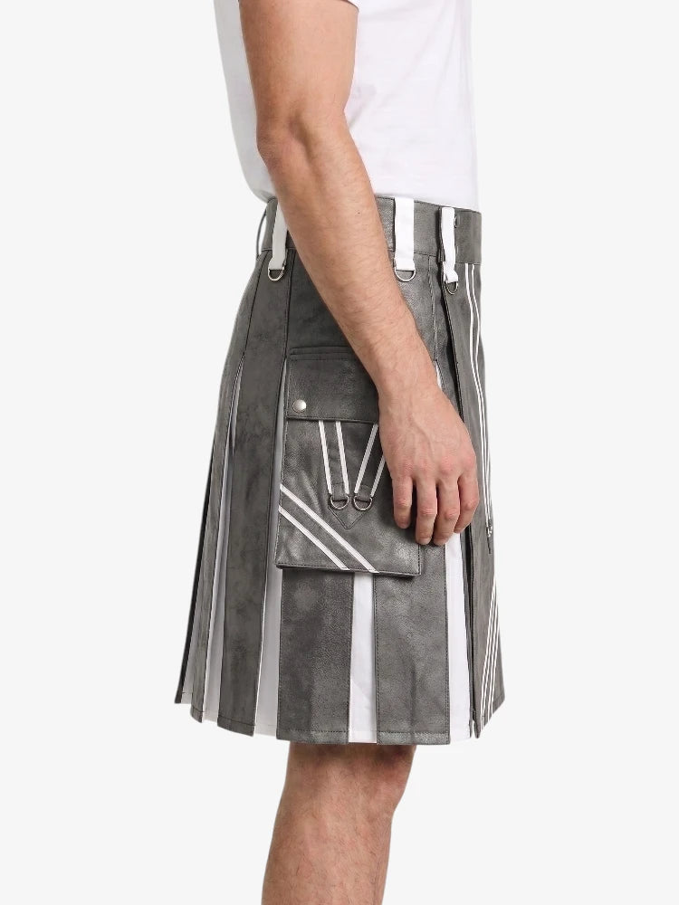 Grey and White Leather Hybrid Utility Kilt Right