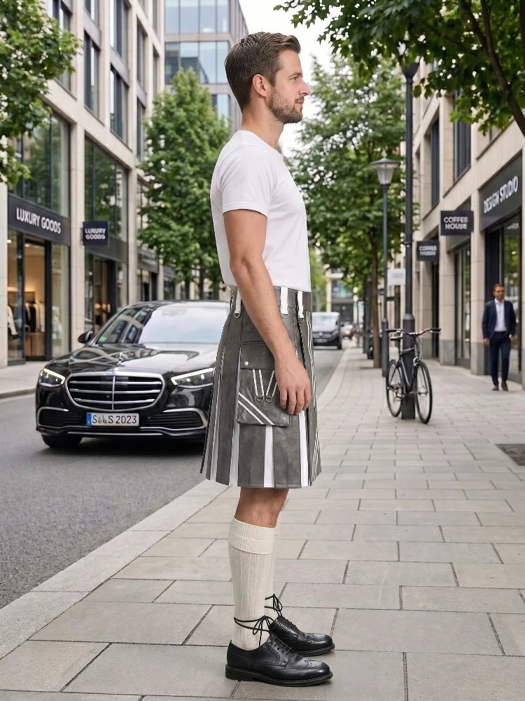 Grey and White Leather Hybrid Utility Kilt Right Side