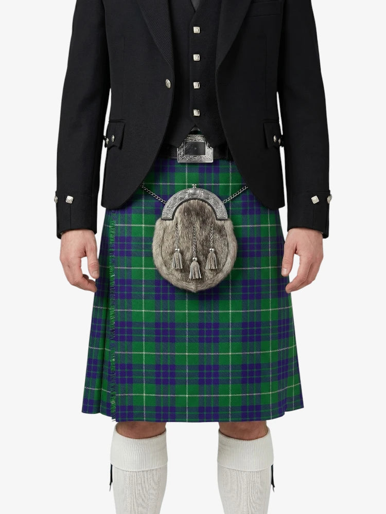 Person wearing a traditional Scottish kilt with a tartan pattern on a white background