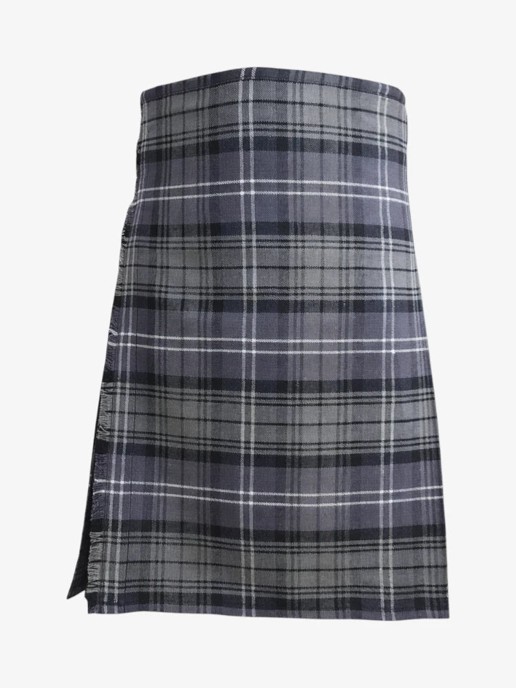 Plaid kilt with gray and white pattern on a white background