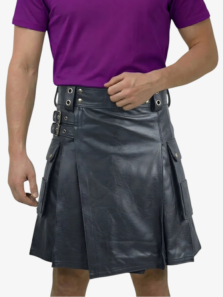 Hand Made Shiny Black Leather Kilt