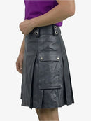 Gray leather kilt worn by a person on a white background