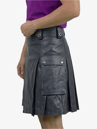 Gray leather kilt worn by a person on a white background