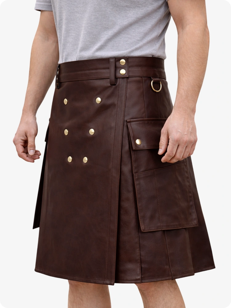 Handcrafted Chocolate Brown Leather Utility Kilt with Front Button Rivets