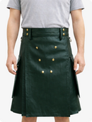 Green leather kilt with gold buttons worn by a person on a white background