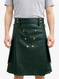 Green leather kilt with gold buttons worn by a person on a white background