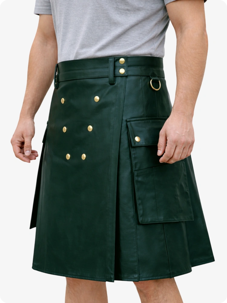 Left Side View Of Dark Green kilt with gold buttons worn by a person on a white background