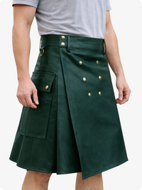 Dark Green kilt with gold buttons worn by a person on a white background Right Side view