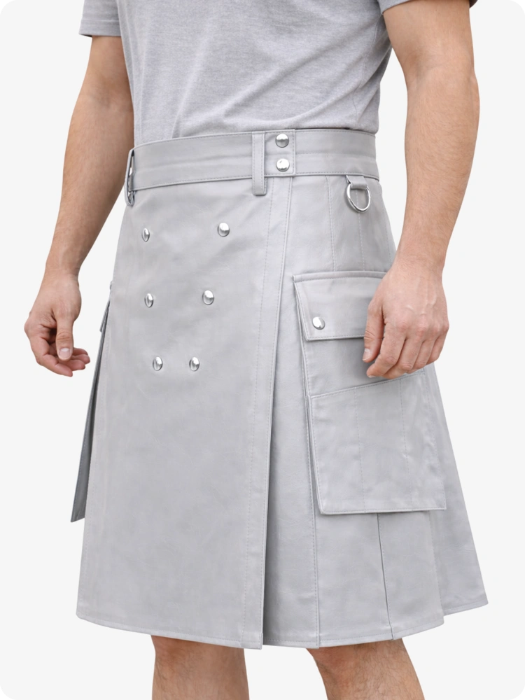 Handcrafted Light Grey Leather Utility Kilt with Front Button Rivets