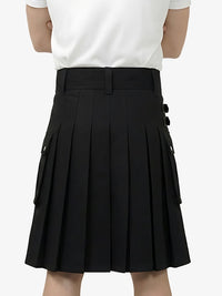 Black pleated skirt worn by a person on a white background