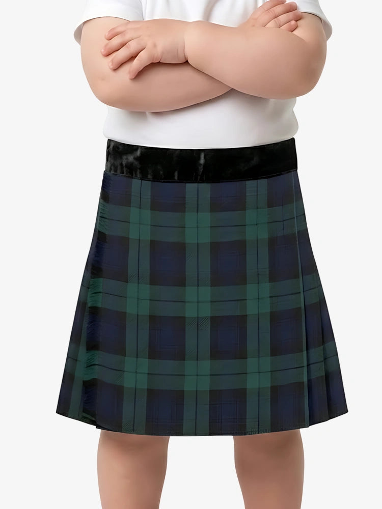Plaid skirt worn by a person on a white background