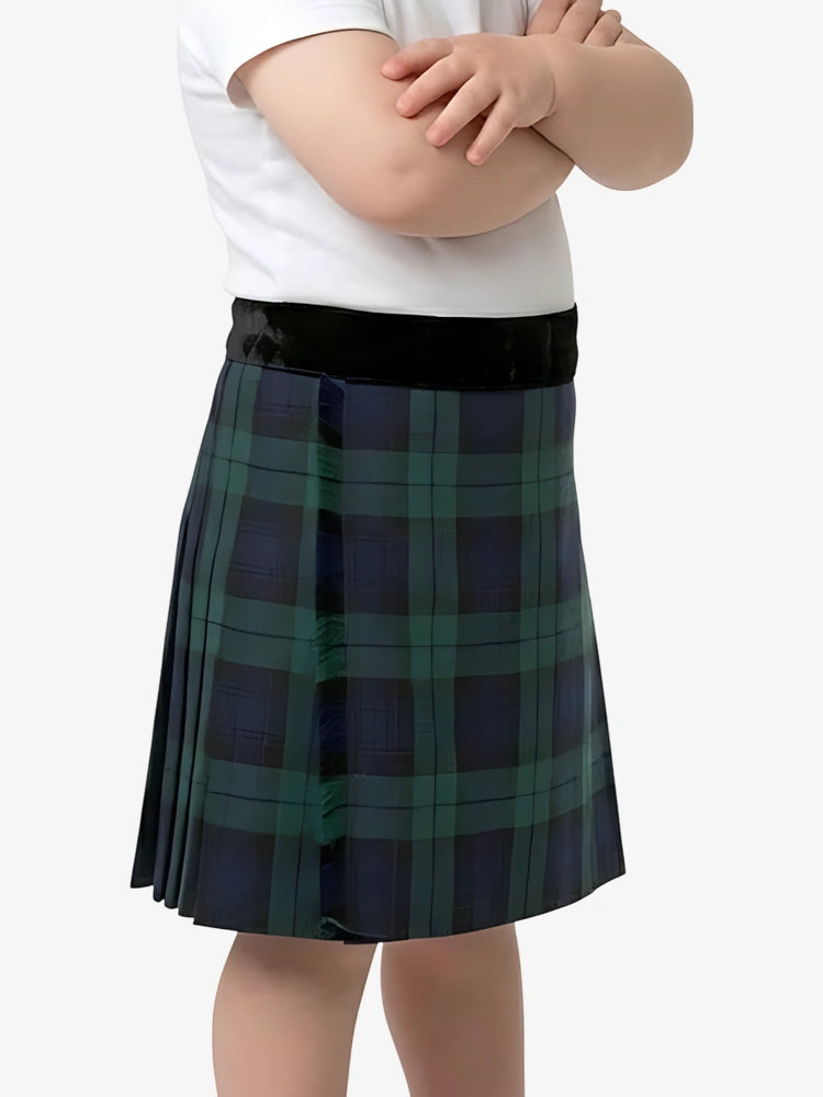 Plaid skirt worn by a person on a white background