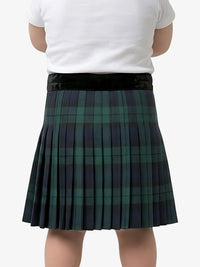 Plaid skirt worn with a white shirt on a white background
