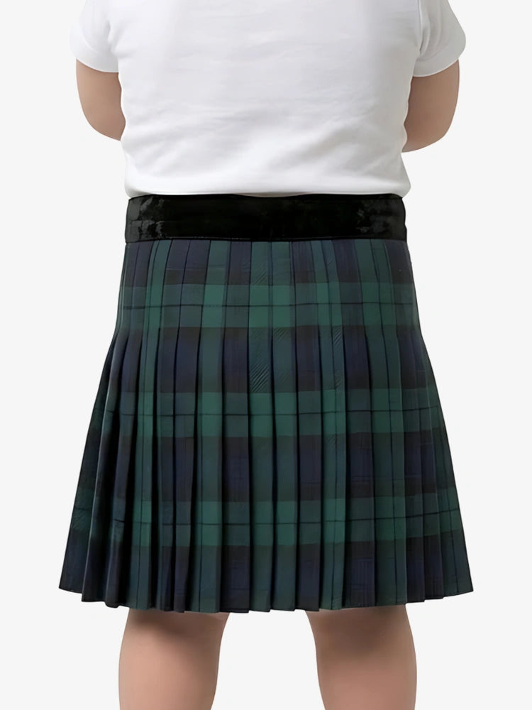 Plaid skirt worn with a white shirt on a white background
