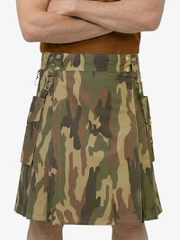 Camouflage kilt worn by a person on a white background