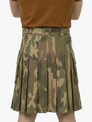 Camouflage kilt worn by a person on a white background