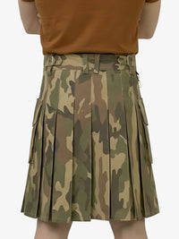Camouflage kilt worn by a person on a white background