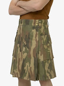 Camouflage kilt worn by a person on a white background